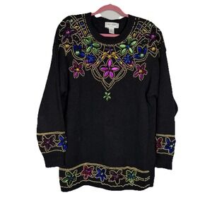 Lisa Ashley Women's Vintage Pullover Sweater Sequins & faceted Jewel colorful (L